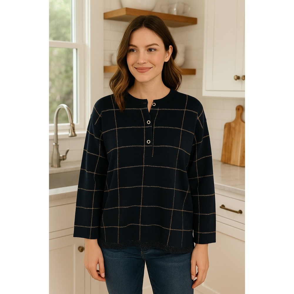 Karen Lessly Black Gold Plaid Sweater Women's Size Petite M PM‎